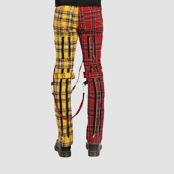 Gothic Straps Punk Red/Yellow Tartan Split Leg Plaid Pant - Dark Gothics
