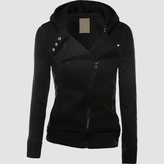 Asymmetrical Black Hooded Jacket with Side Zipper