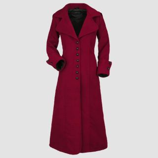 Elegant Hooded Red Coat with Black Buttons