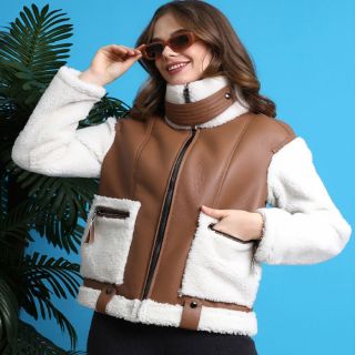 Women's Brown Cropped Aviator Sheepskin Jacket 