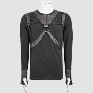 Men's Gothic Black Punk Lacing Shoulder Long Sleeves Shirt
