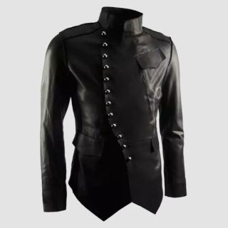 Black Men's Genuine Leather Steampunk Long Coat