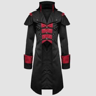 Men's Black And Red Slim Fit Stand Collar Coat