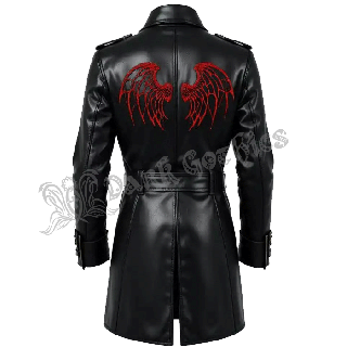 Men’s Black Genuine Leather Long Coat with Red Wings