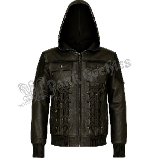 Gothic Black Hooded Genuine Leather Jacket Lace Design