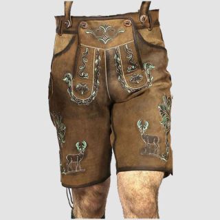Men’s Lederhosen Brown Green Deer Motifs