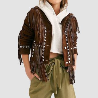 Fringe Suede Western Cowgirl Studded Brown Suede Festival Jacket