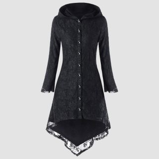 Gothic Asymmetric Black Hooded Lace Up Long Overcoat
