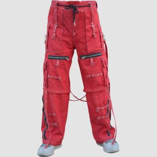 Goth Red Denim Zipper Pants With Straps