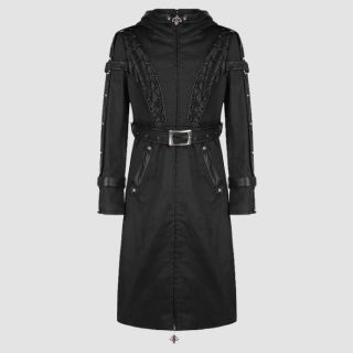 Gothic Long Hooded Braided Leather Straps Coat
