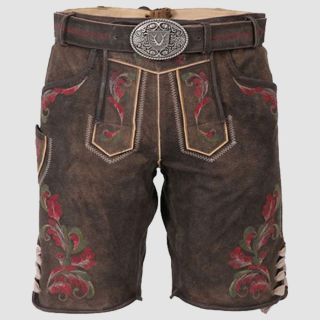 Dark Brown Men Short Lederhosen with Red Artwork