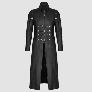 Men Long Black Gothic Faux Leather Coat
