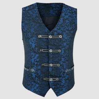 Mens Vest Waistcoat Blue Damask Velvet Goth Steampunk
