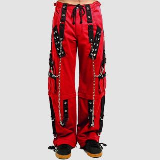Red Gothic Pants With Black Straps And Metal Chain