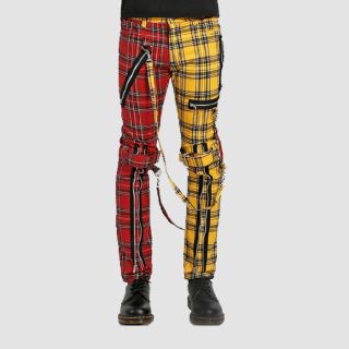 Gothic Straps Punk Red/Yellow Tartan Split Leg Plaid Pant