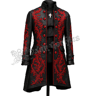 Gothic Red Embroidered Leather Long Coat Steampunk Jacket