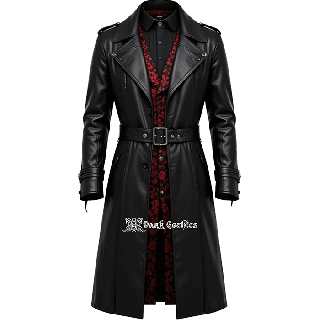 Gothic Red Embroidered Genuine Leather Long Trench Coat Jacket