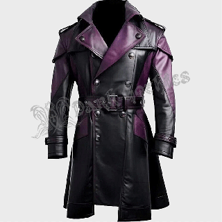 Men's Black & Purple Genuine Leather Trench Coat Jacket