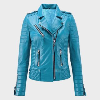 Stylish Sky Blue Women's Leather Jacket 
