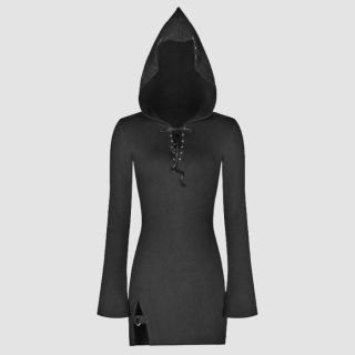 Tinsley Hooded Black Gothic Dress With Lacing By Punk Rave