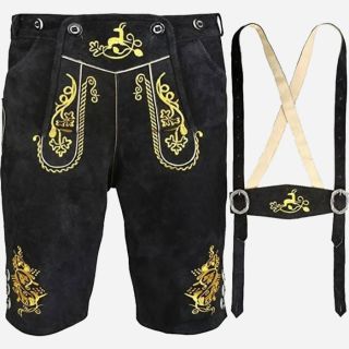Black Lederhosen (LEDBLK3-300EBWGOLD) with Bavaria suspenders Gold Embroidery