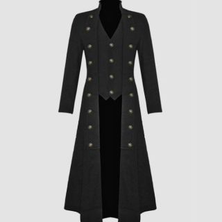 Mens Cotton Twill Steampunk Military Style Trench Jacket 