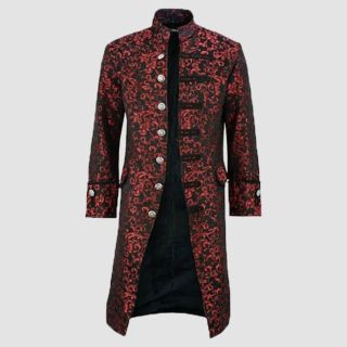 Victorian-Inspired Red Brocade Frock Coat with Steampunk Flair